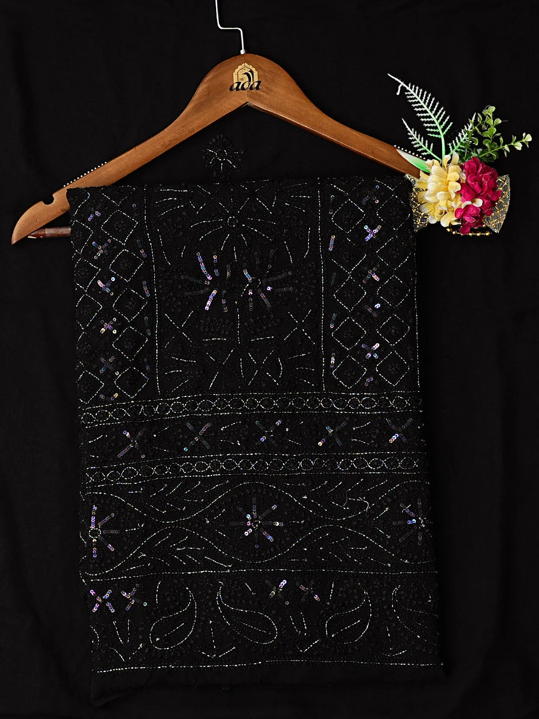 Ada Hand Embroidered Black Viscose Georgette Lucknowi Chikankari Unstitched Kurta Dupatta Set With Cutdana Work 01A204367