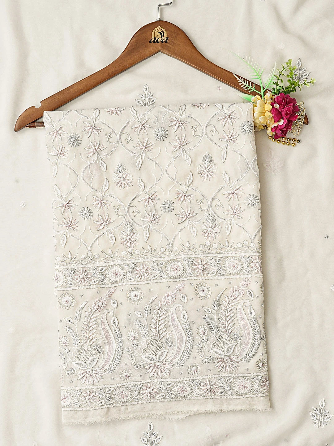 Ada Hand Embroidered White Pure Georgette Lucknowi Chikankari Unstitched Kurta Dupatta Set With Zari Work 01A728662