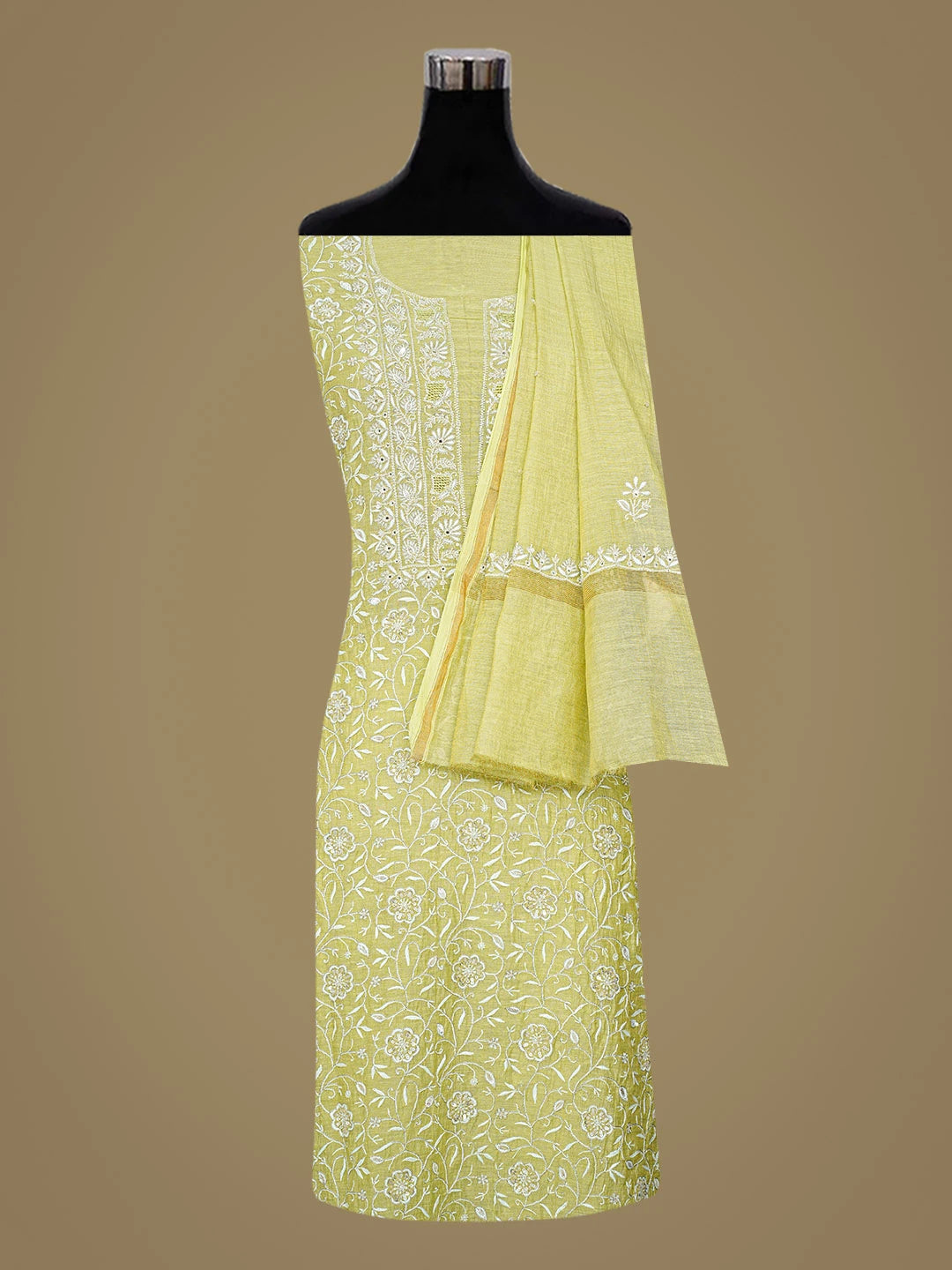 Ada Hand Embroidered Green Tissue Lucknowi Chikankari Unstitched Kurta Dupatta Set With Zari Work 01A665594
