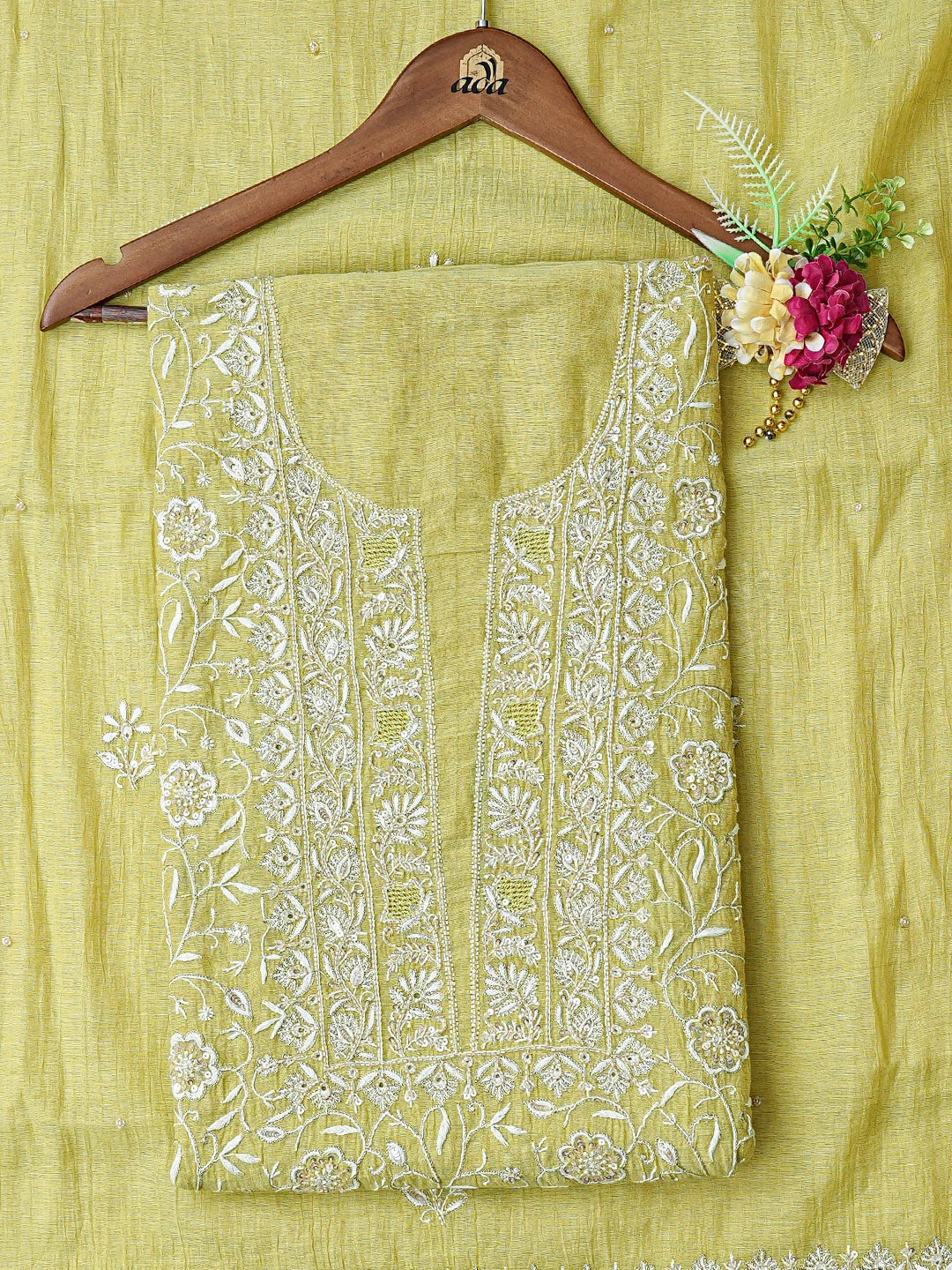 Ada Hand Embroidered Green Tissue Lucknowi Chikankari Unstitched Kurta Dupatta Set With Zari Work 01A665594