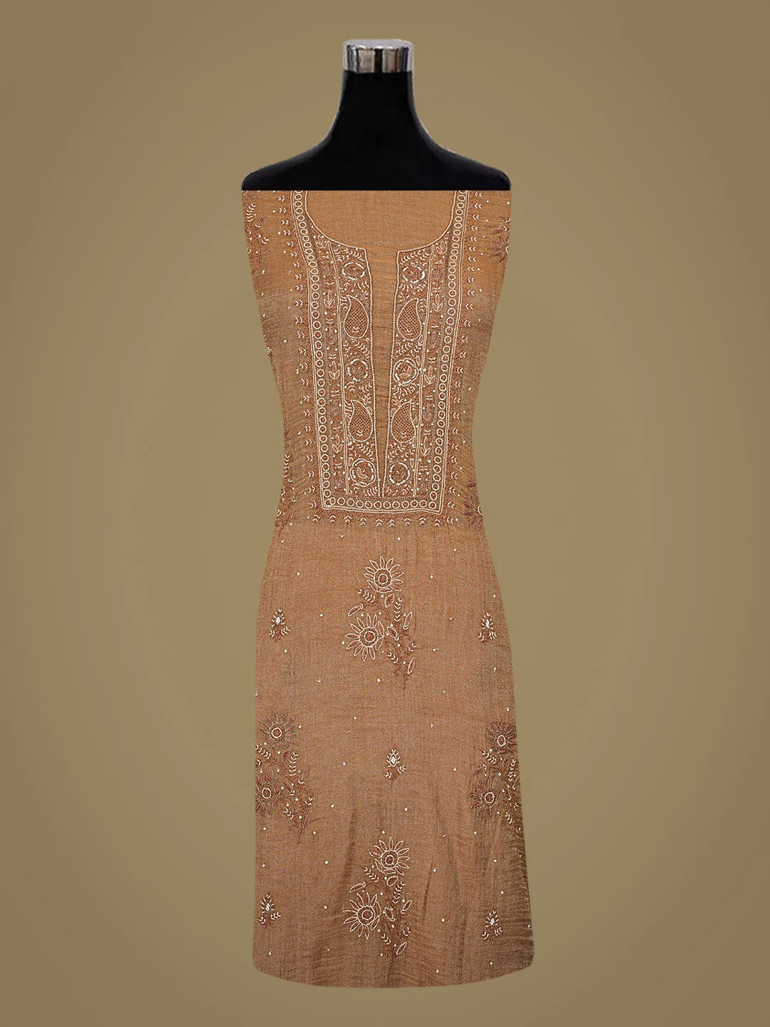 Ada Hand Embroidered Brown Tissue Lucknowi Chikankari Unstitched Kurta Dupatta Set With Cutdana Work 01A719999
