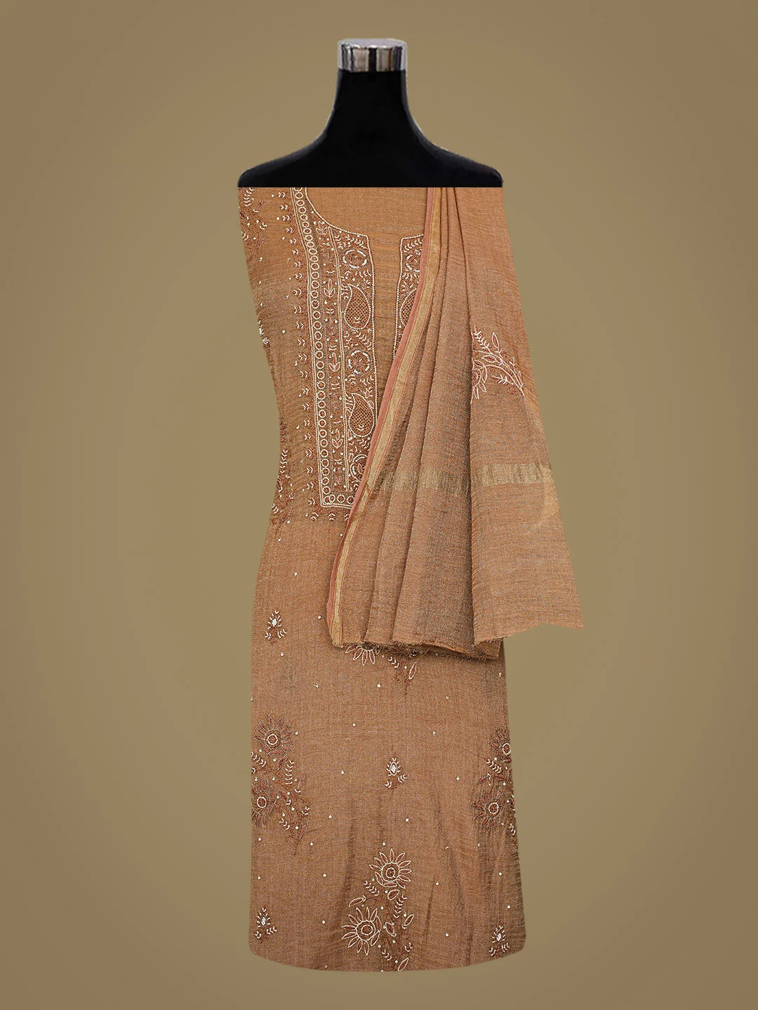 Ada Hand Embroidered Brown Tissue Lucknowi Chikankari Unstitched Kurta Dupatta Set With Cutdana Work 01A719999