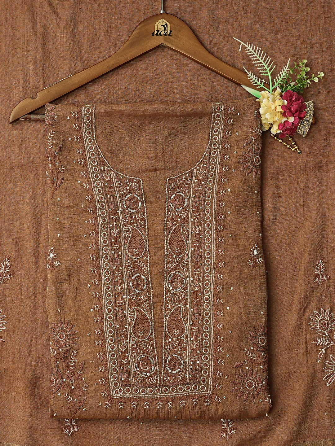 Ada Hand Embroidered Brown Tissue Lucknowi Chikankari Unstitched Kurta Dupatta Set With Cutdana Work 01A719999