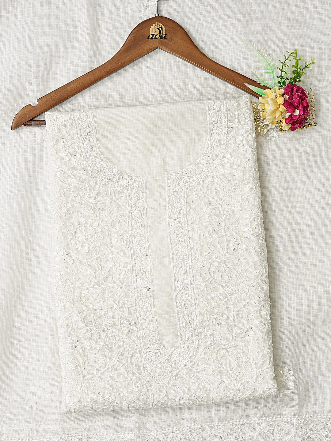 Ada Hand Embroidered White Kota Lucknowi Chikankari Unstitched Kurta Dupatta Set With Cutdana Work 01A565390