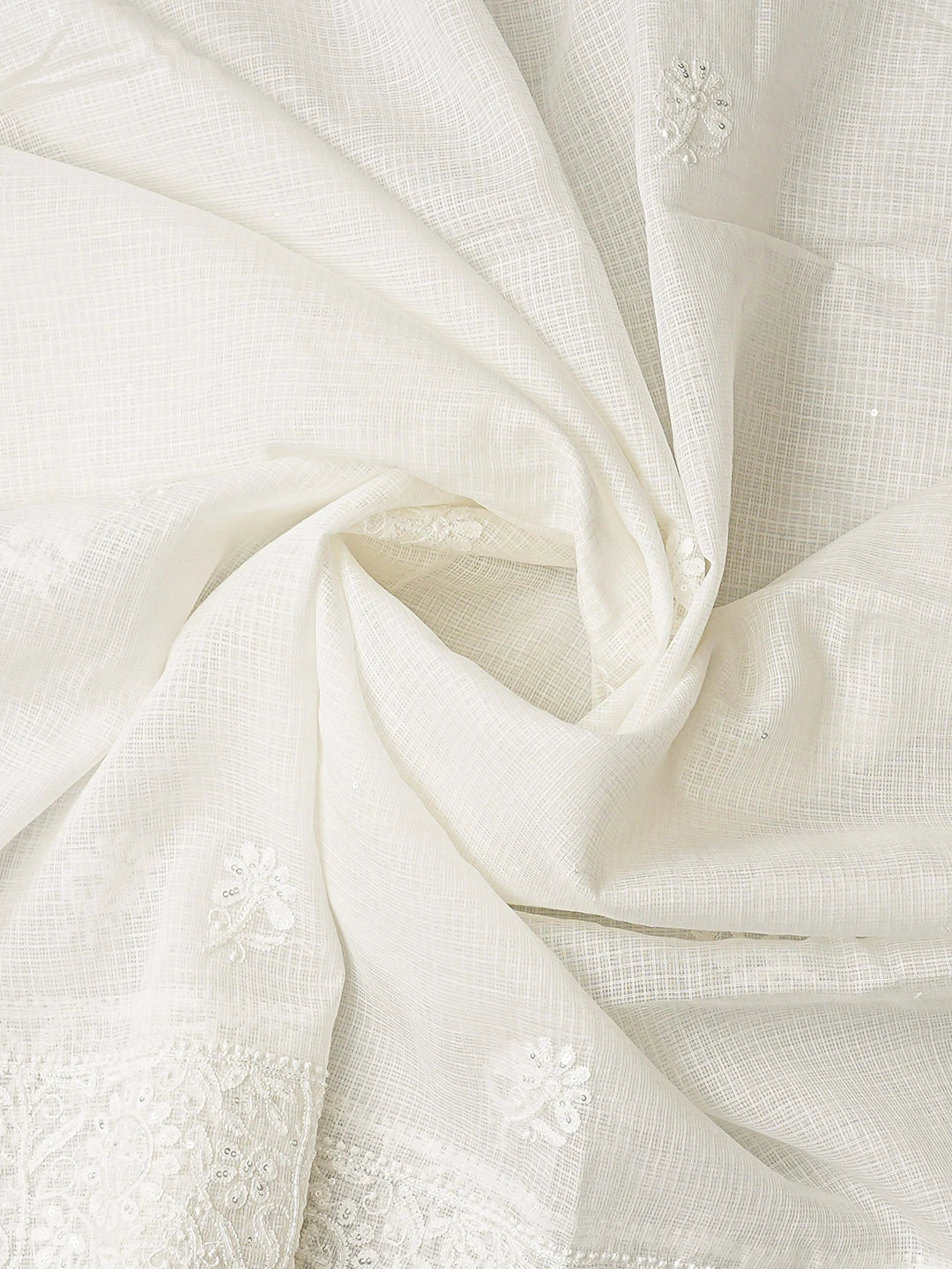 Ada Hand Embroidered White Kota Lucknowi Chikankari Unstitched Kurta Dupatta Set With Cutdana Work 01A565390