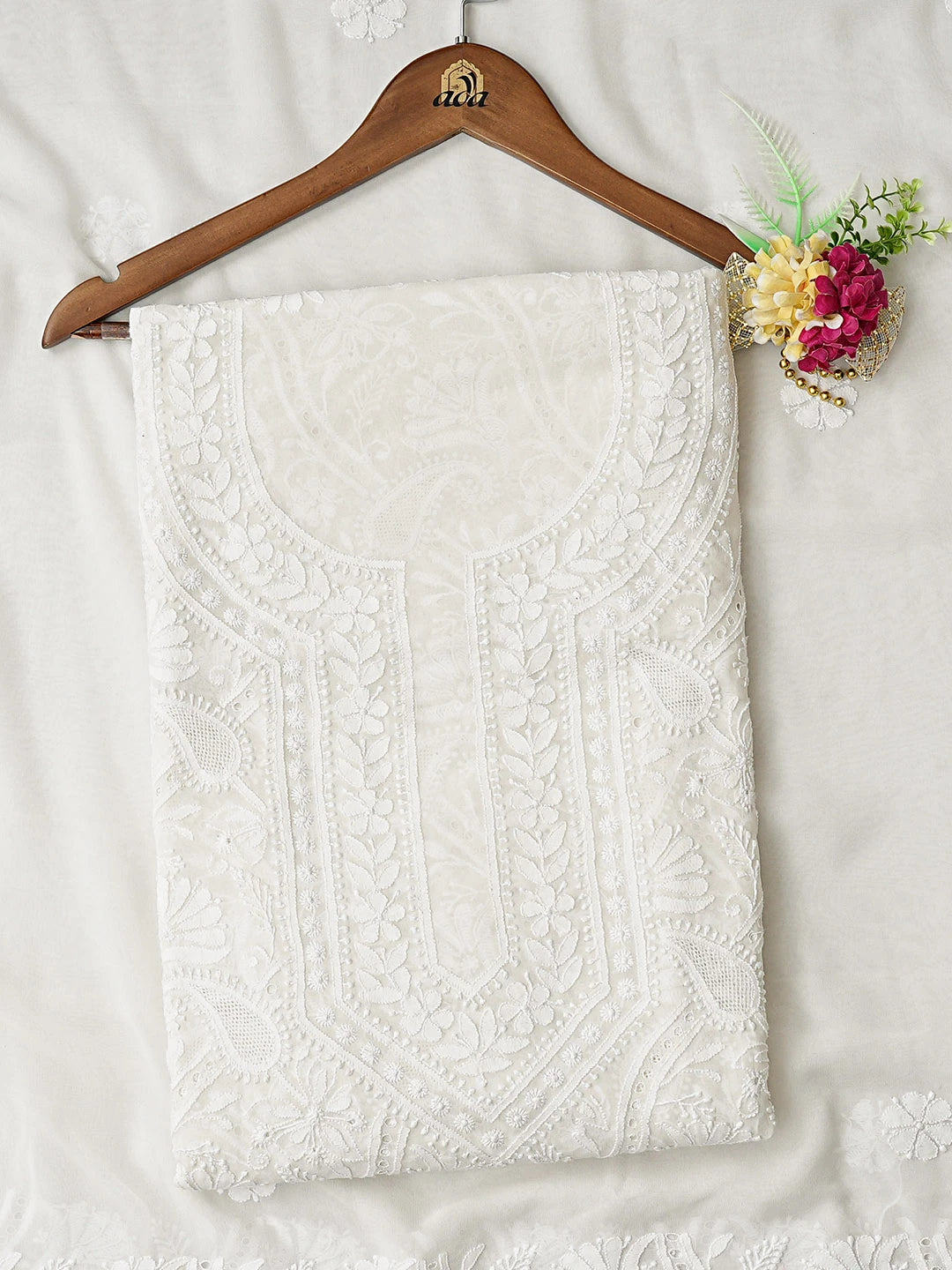Ada Hand Embroidered White Pure Georgette Lucknowi Chikankari Unstitched Kurta Dupatta Set 01A676723