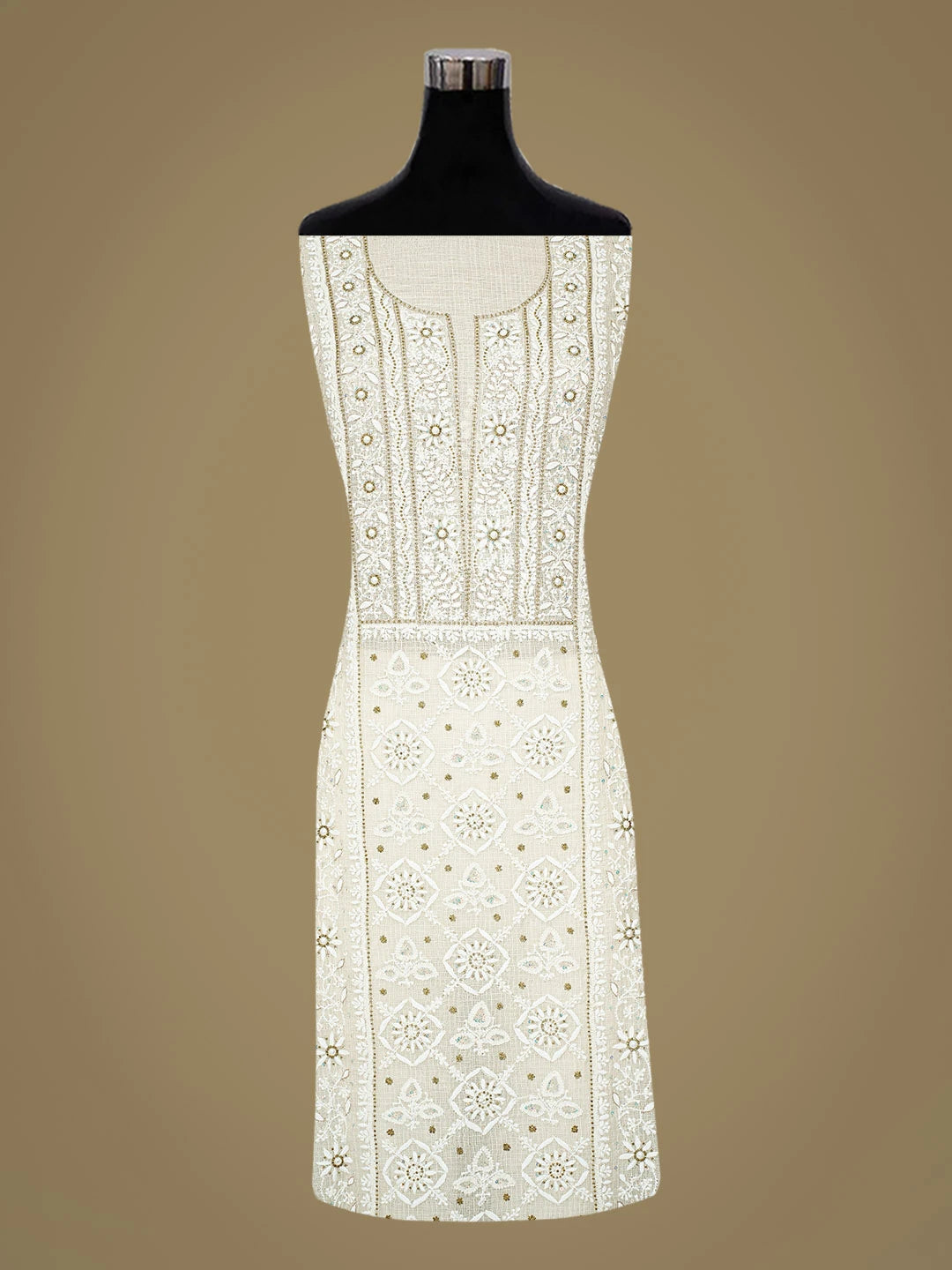 Ada Hand Embroidered Off White Kota Silk Lucknowi Chikankari Unstitched Kurta Dupatta Set With Cutdana Work 01A548924