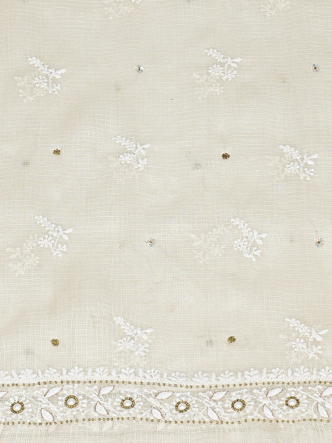 Ada Hand Embroidered Off White Kota Silk Lucknowi Chikankari Unstitched Kurta Dupatta Set With Cutdana Work 01A548924