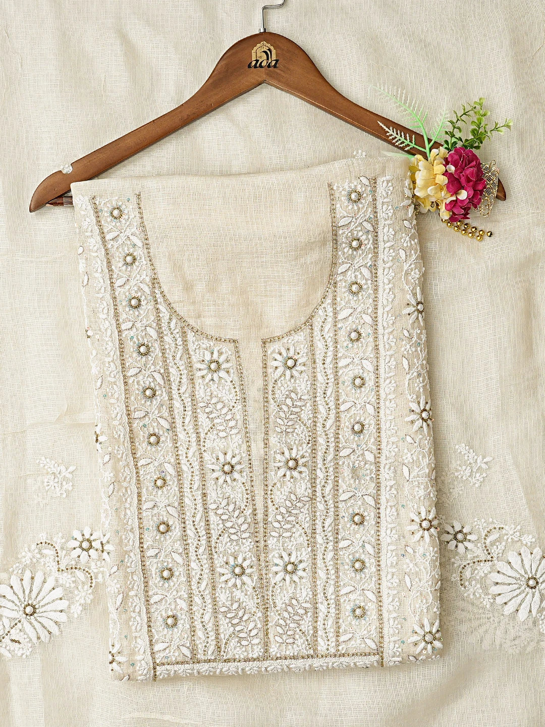 Ada Hand Embroidered Off White Kota Silk Lucknowi Chikankari Unstitched Kurta Dupatta Set With Cutdana Work 01A548924