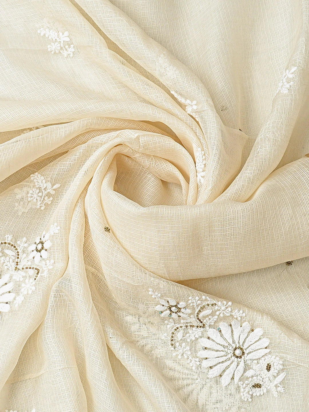 Ada Hand Embroidered Off White Kota Silk Lucknowi Chikankari Unstitched Kurta Dupatta Set With Cutdana Work 01A548924