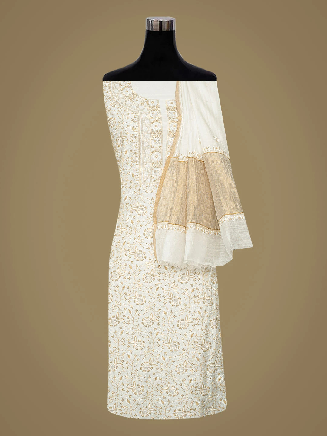 Ada Hand Embroidered White Chanderi Lucknowi Chikankari Unstitched Kurta Dupatta Set 01A689539