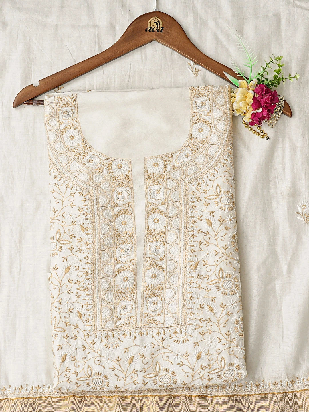 Ada Hand Embroidered White Chanderi Lucknowi Chikankari Unstitched Kurta Dupatta Set 01A689539