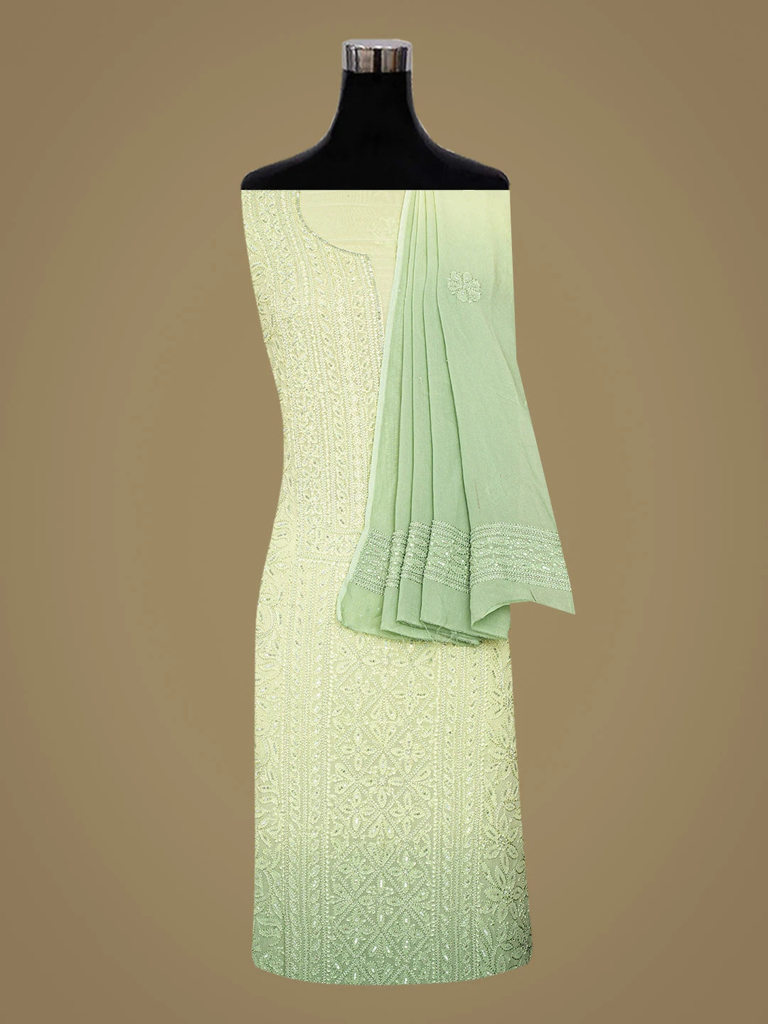 Ada Hand Embroidered Ombre Shade Of Green Viscose Georgette Lucknowi Chikankari Unstitched Kurta Dupatta Set With Cutdana Work 01A801924