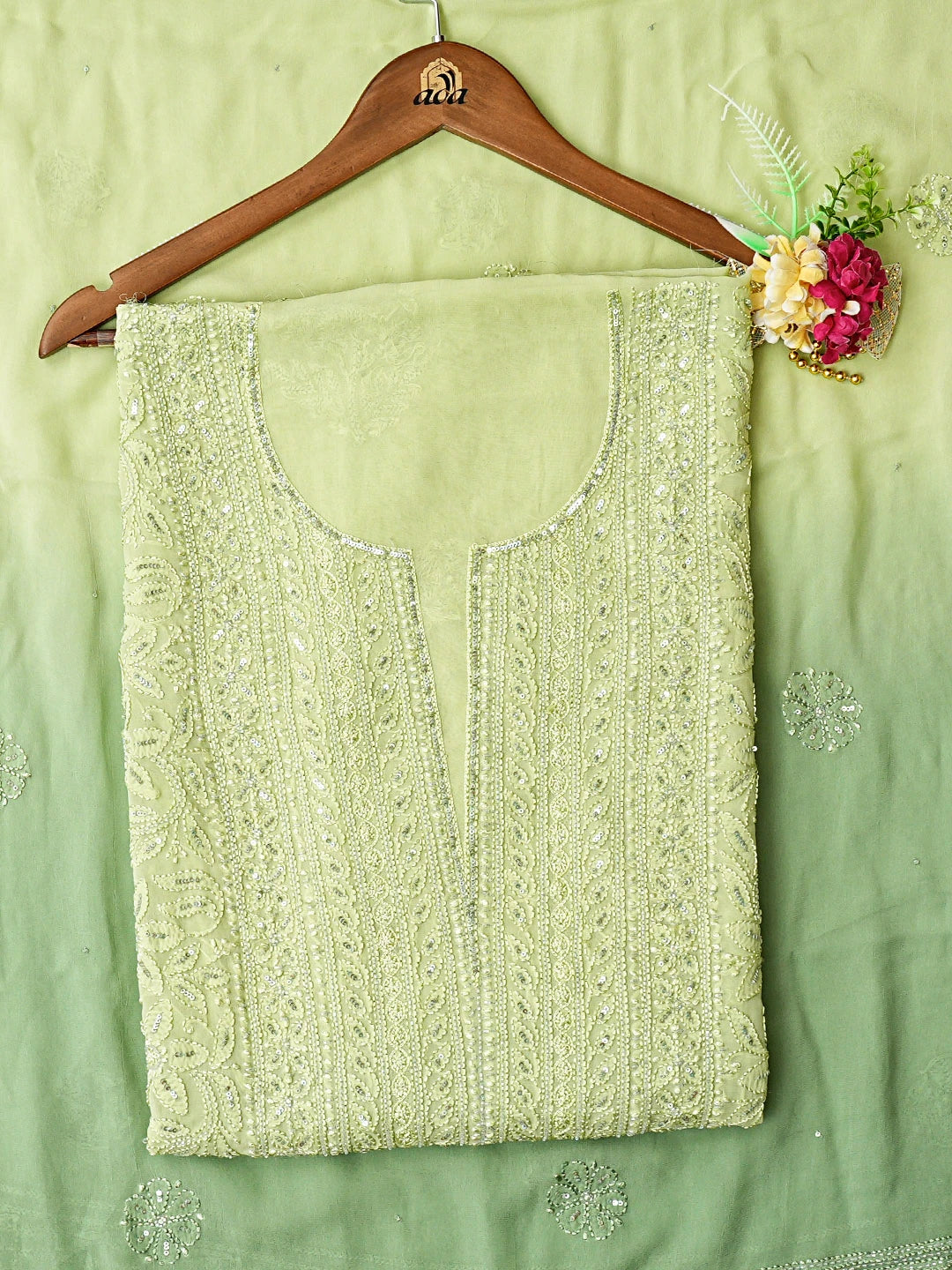 Ada Hand Embroidered Ombre Shade Of Green Viscose Georgette Lucknowi Chikankari Unstitched Kurta Dupatta Set With Cutdana Work 01A801924