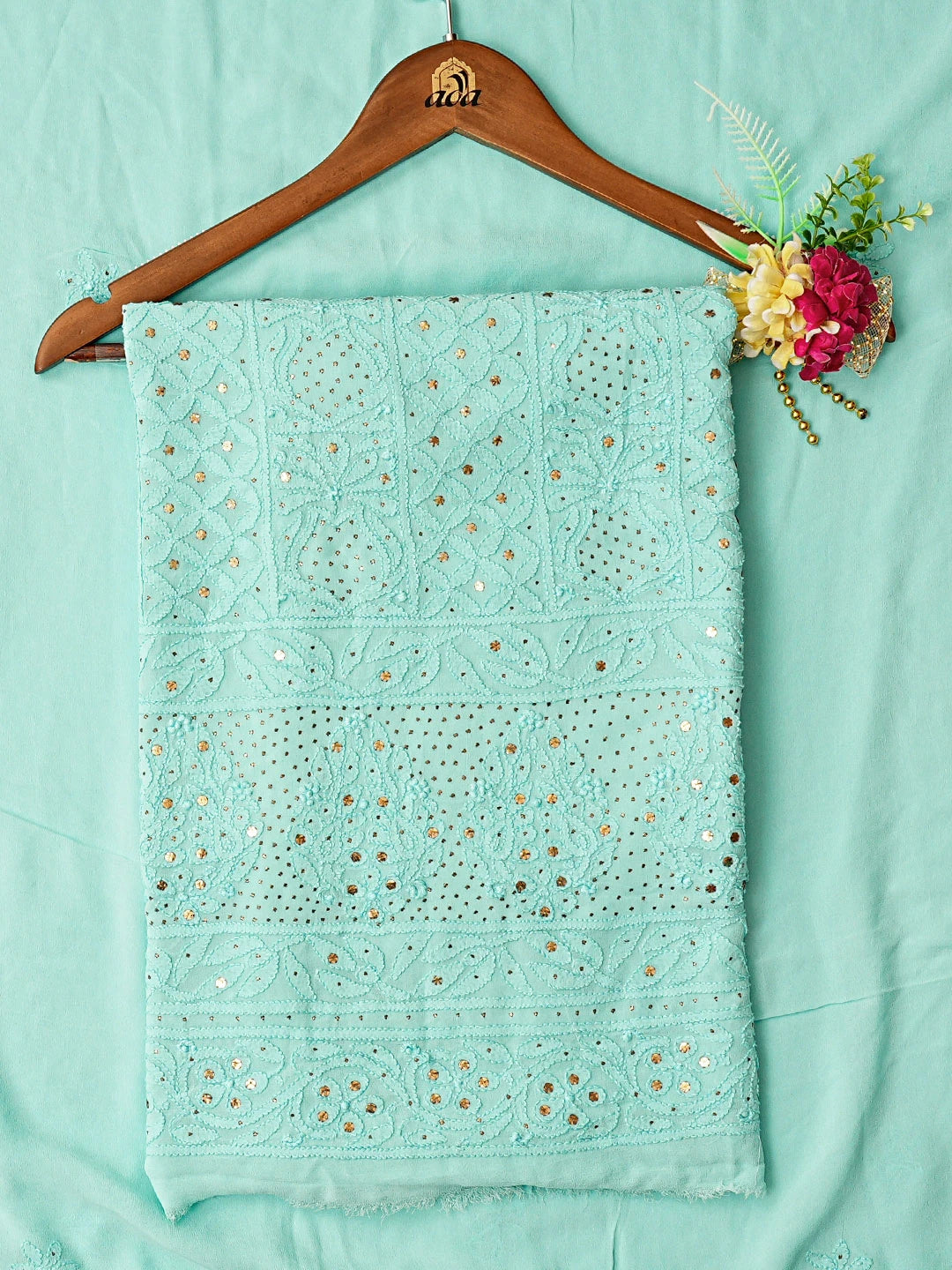 Ada Hand Embroidered Sky Blue Viscose Georgette Lucknowi Chikankari Unstitched Kurta Dupatta Set With Mukaish Work 01A809089