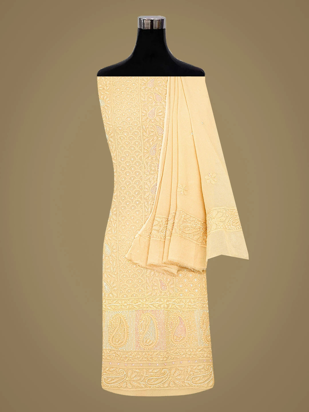 Ada Hand Embroidered Fawn Viscose Georgette Lucknowi Chikankari Unstitched Kurta Dupatta Set With Cutdana Work 01A782537