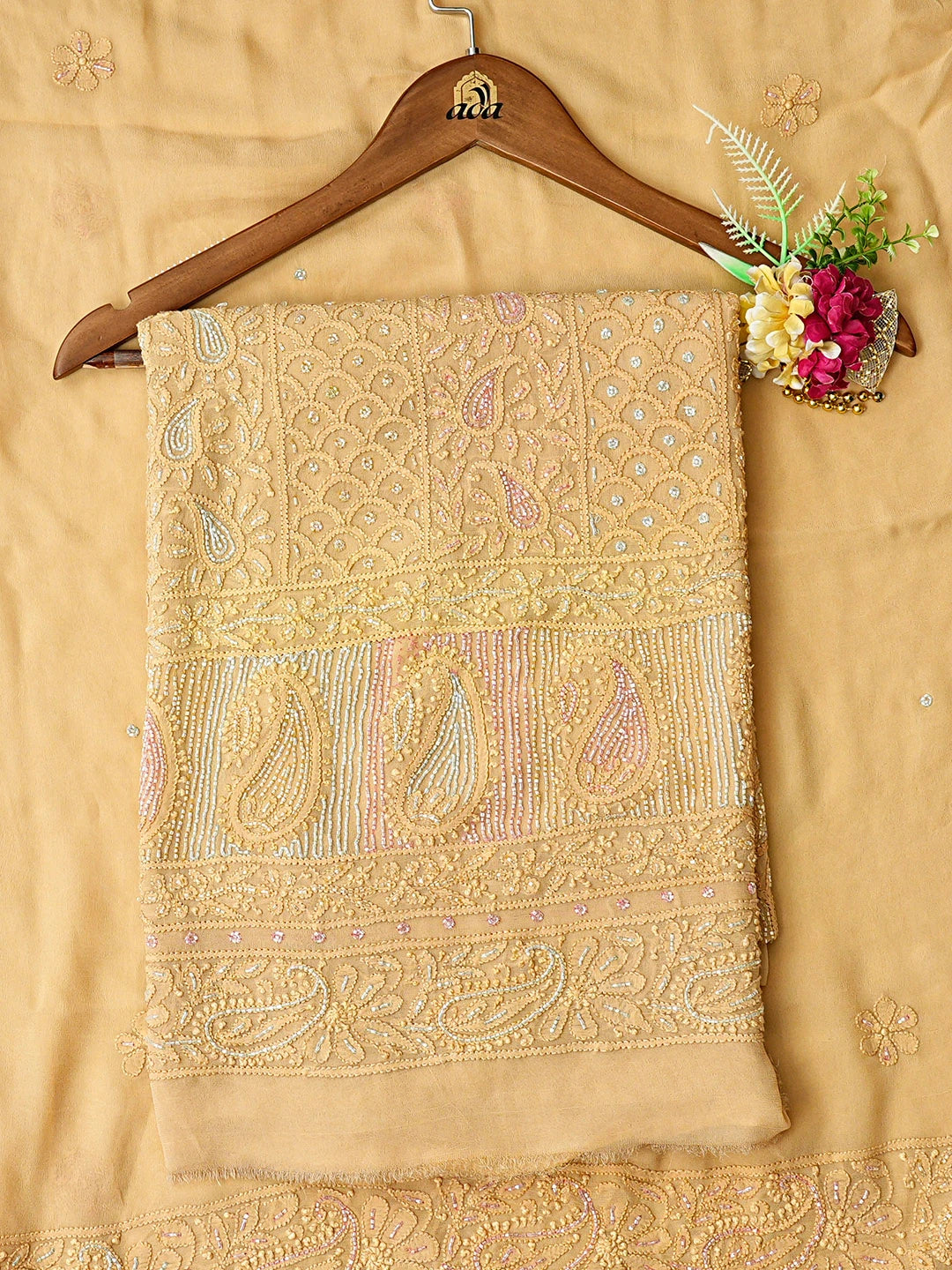 Ada Hand Embroidered Fawn Viscose Georgette Lucknowi Chikankari Unstitched Kurta Dupatta Set With Cutdana Work 01A782537