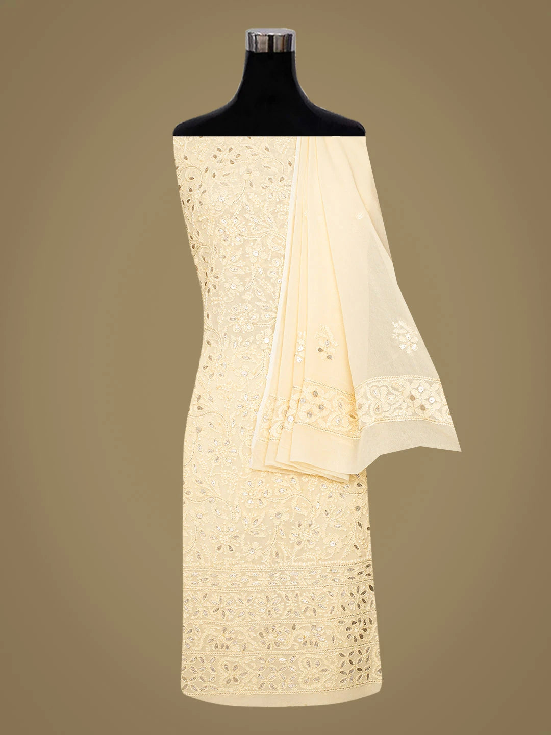 Ada Hand Embroidered Beige Viscose Georgette Lucknowi Chikankari Unstitched Kurta Dupatta Set With Gotapatti Work 01A724533