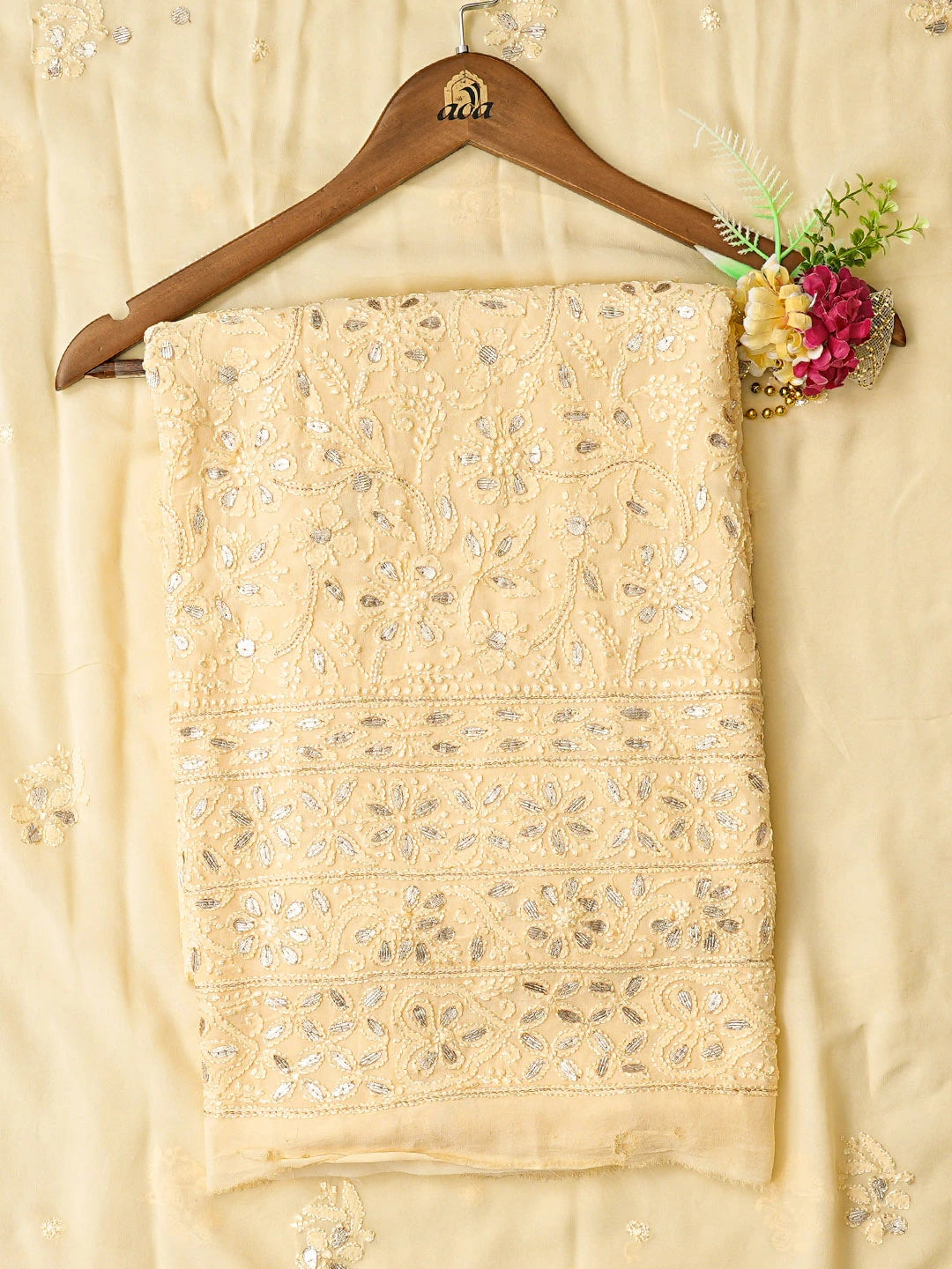 Ada Hand Embroidered Beige Viscose Georgette Lucknowi Chikankari Unstitched Kurta Dupatta Set With Gotapatti Work 01A724533