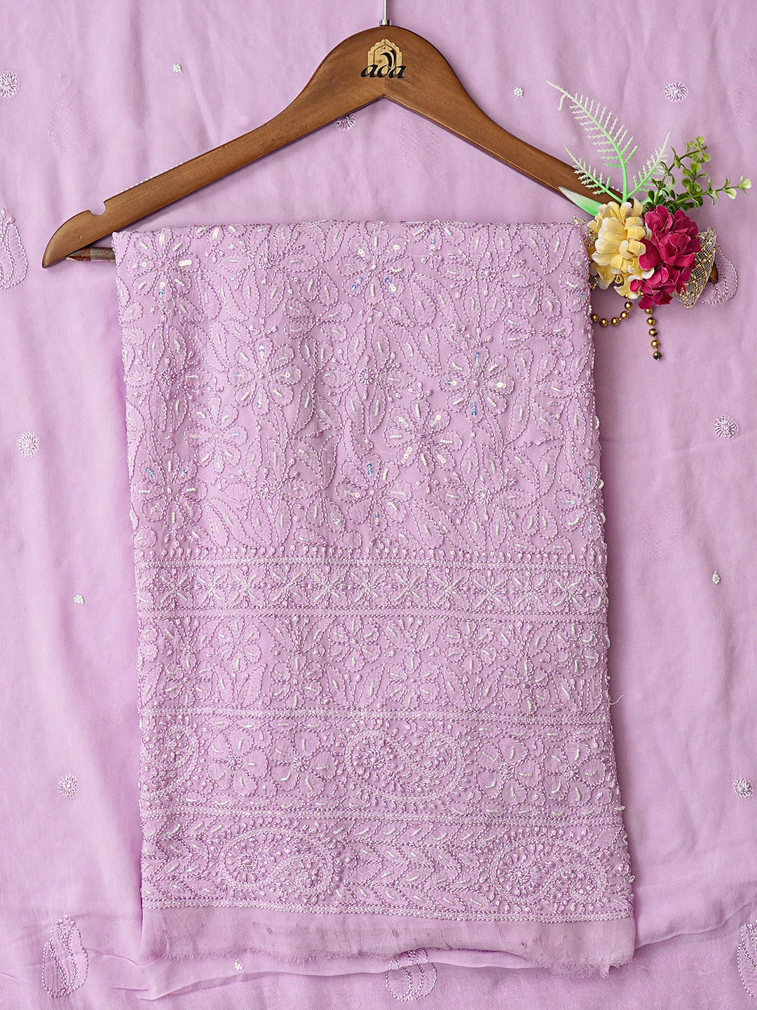 Ada Hand Embroidered Lavender Viscose Georgette Lucknowi Chikankari Unstitched Kurta Dupatta Set With Cutdana Work 01A802076