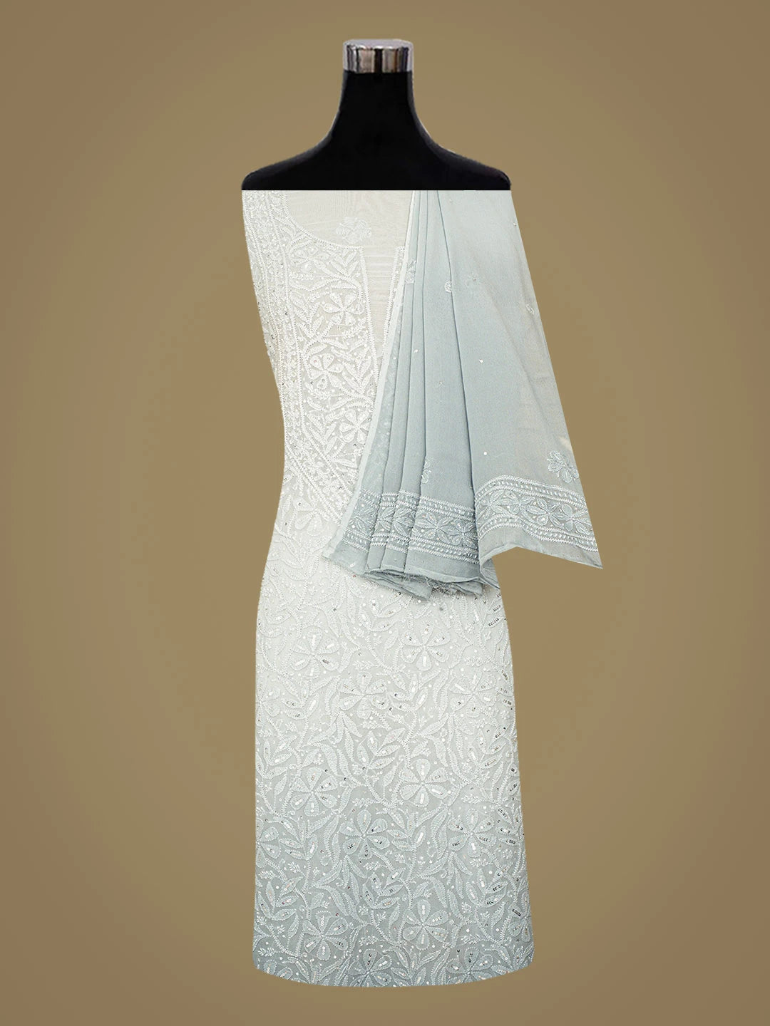 Ada Hand Embroidered Grey Viscose Georgette Lucknowi Chikankari Unstitched Kurta Dupatta Set With Cutdana Work 01A801850