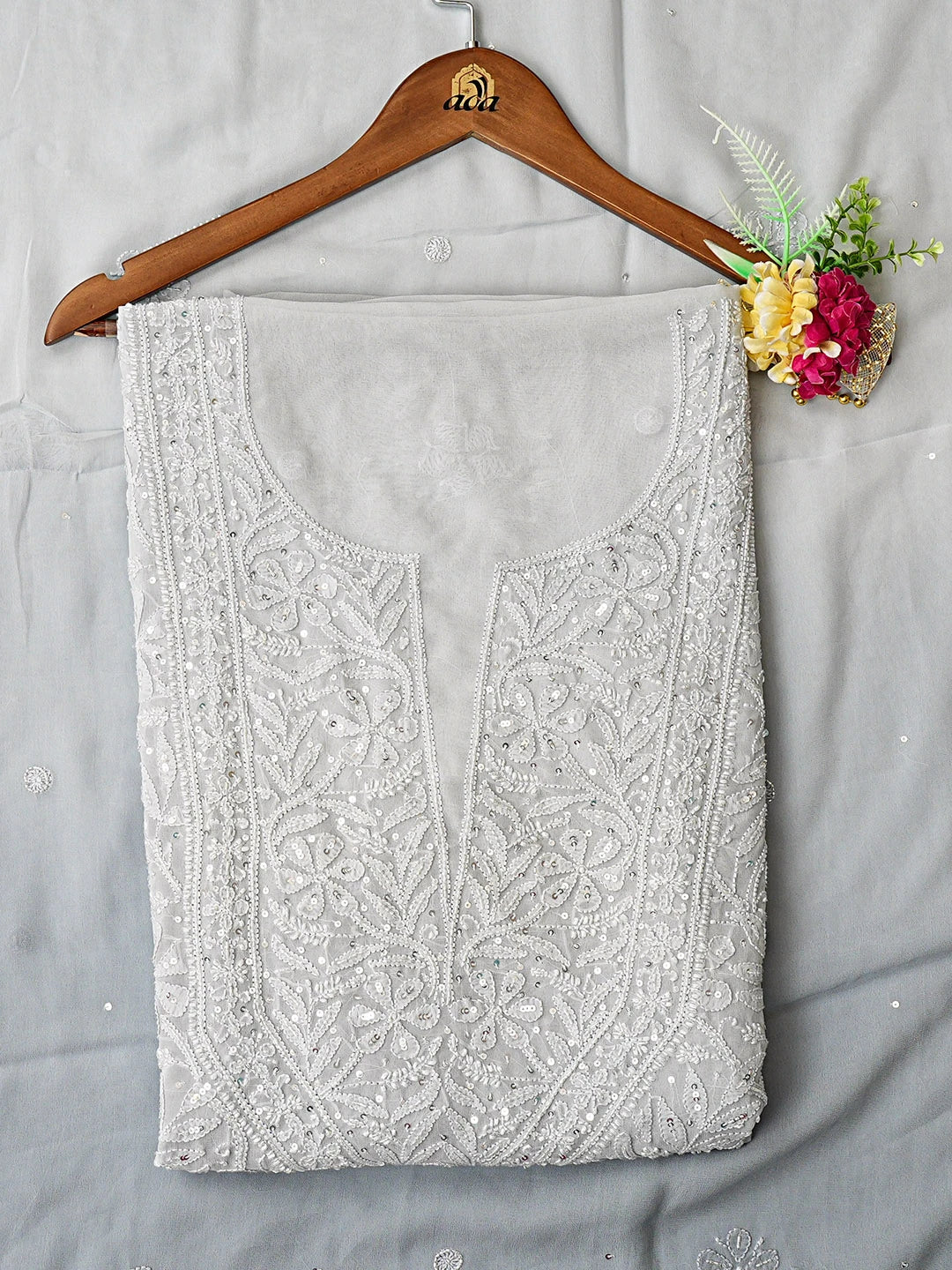 Ada Hand Embroidered Grey Viscose Georgette Lucknowi Chikankari Unstitched Kurta Dupatta Set With Cutdana Work 01A801850