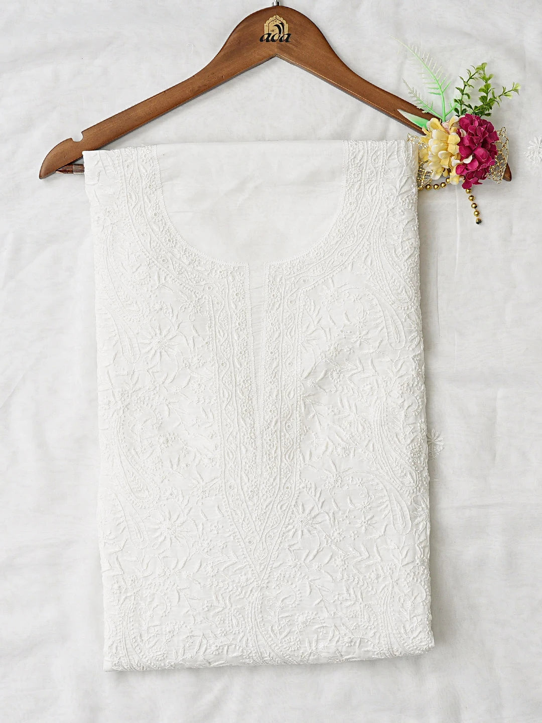 Ada Hand Embroidered White Cotton Lucknowi Chikankari Unstitched Kurta Dupatta Set 01A800676