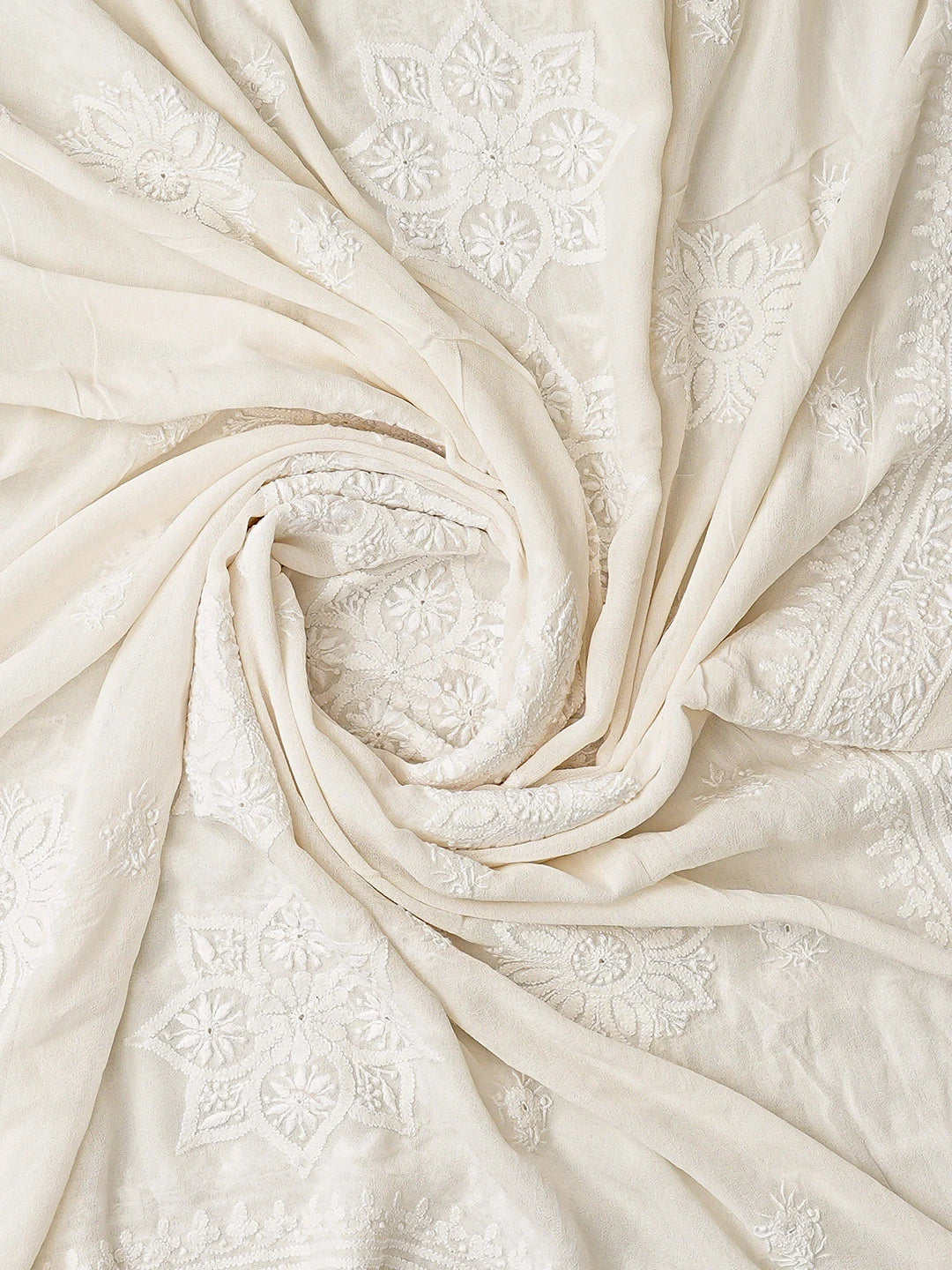 Ada Hand Embroidered White Pure Georgette Lucknowi Chikankari Unstitched Kurta Dupatta Set 01A359289