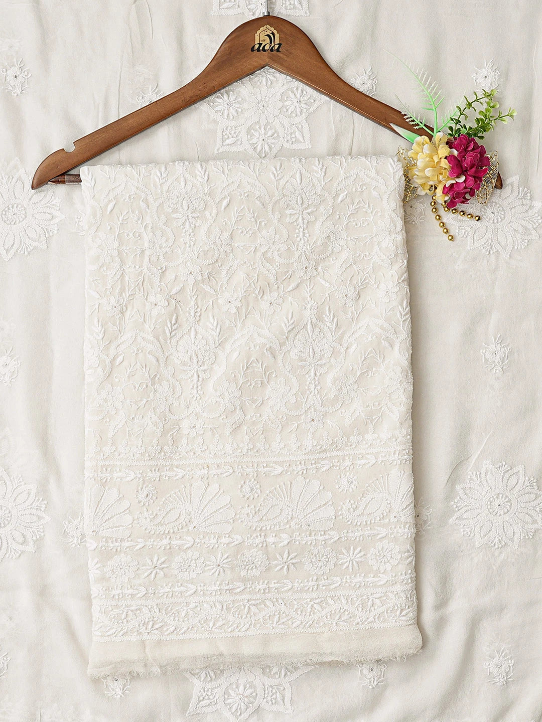 Ada Hand Embroidered White Pure Georgette Lucknowi Chikankari Unstitched Kurta Dupatta Set 01A359289