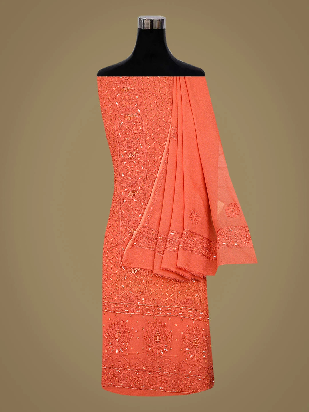 Ada Hand Embroidered Coral Peach Viscose Georgette Lucknowi Chikankari Unstitched Kurta Dupatta Set With Cutdana Work 01A795837