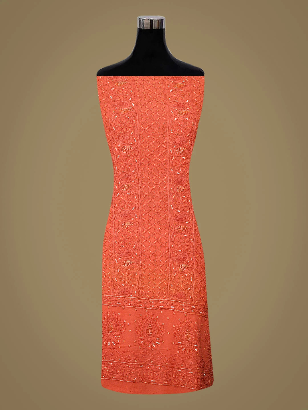 Ada Hand Embroidered Coral Peach Viscose Georgette Lucknowi Chikankari Unstitched Kurta Dupatta Set With Cutdana Work 01A795837