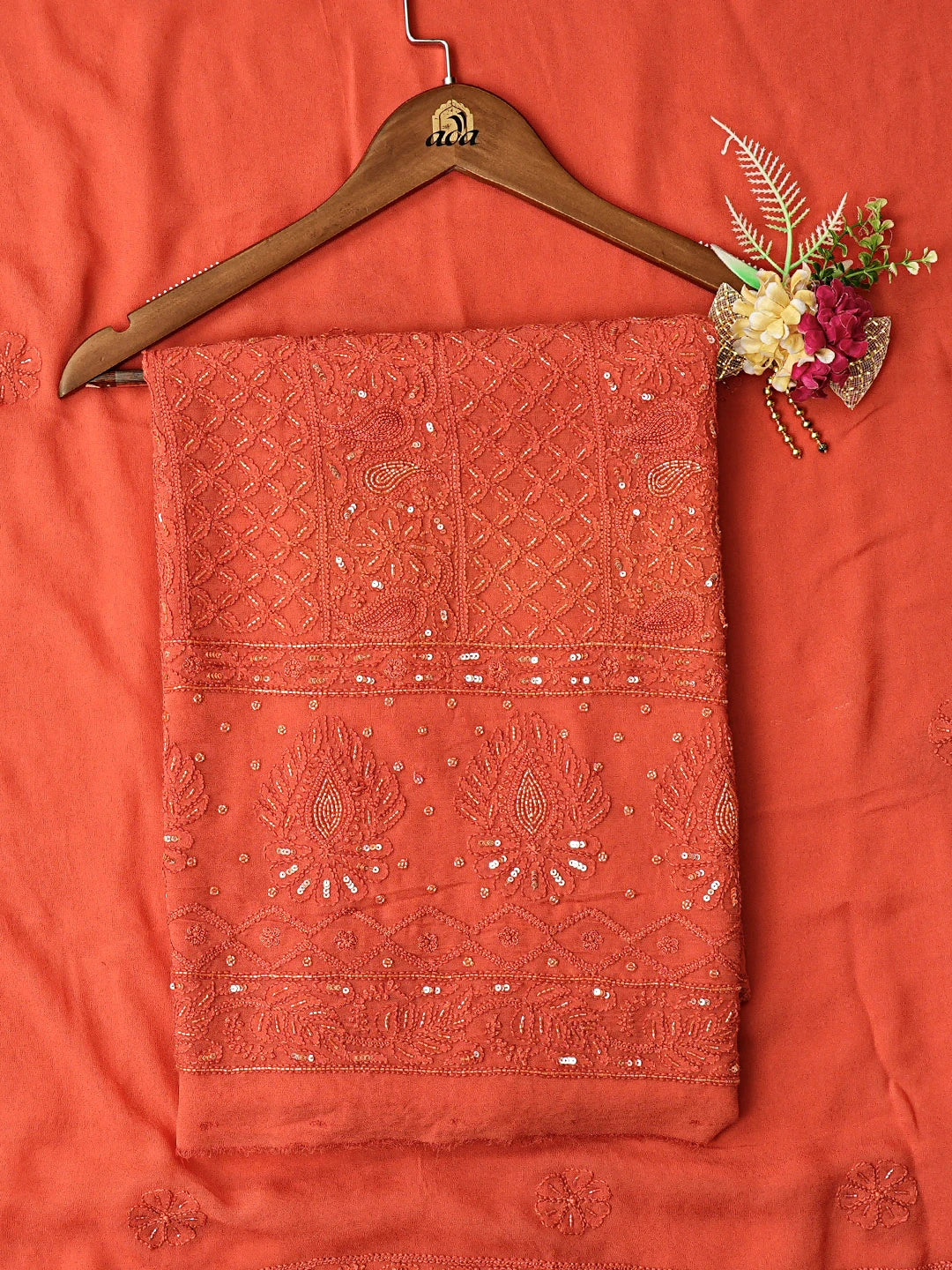 Ada Hand Embroidered Coral Peach Viscose Georgette Lucknowi Chikankari Unstitched Kurta Dupatta Set With Cutdana Work 01A795837
