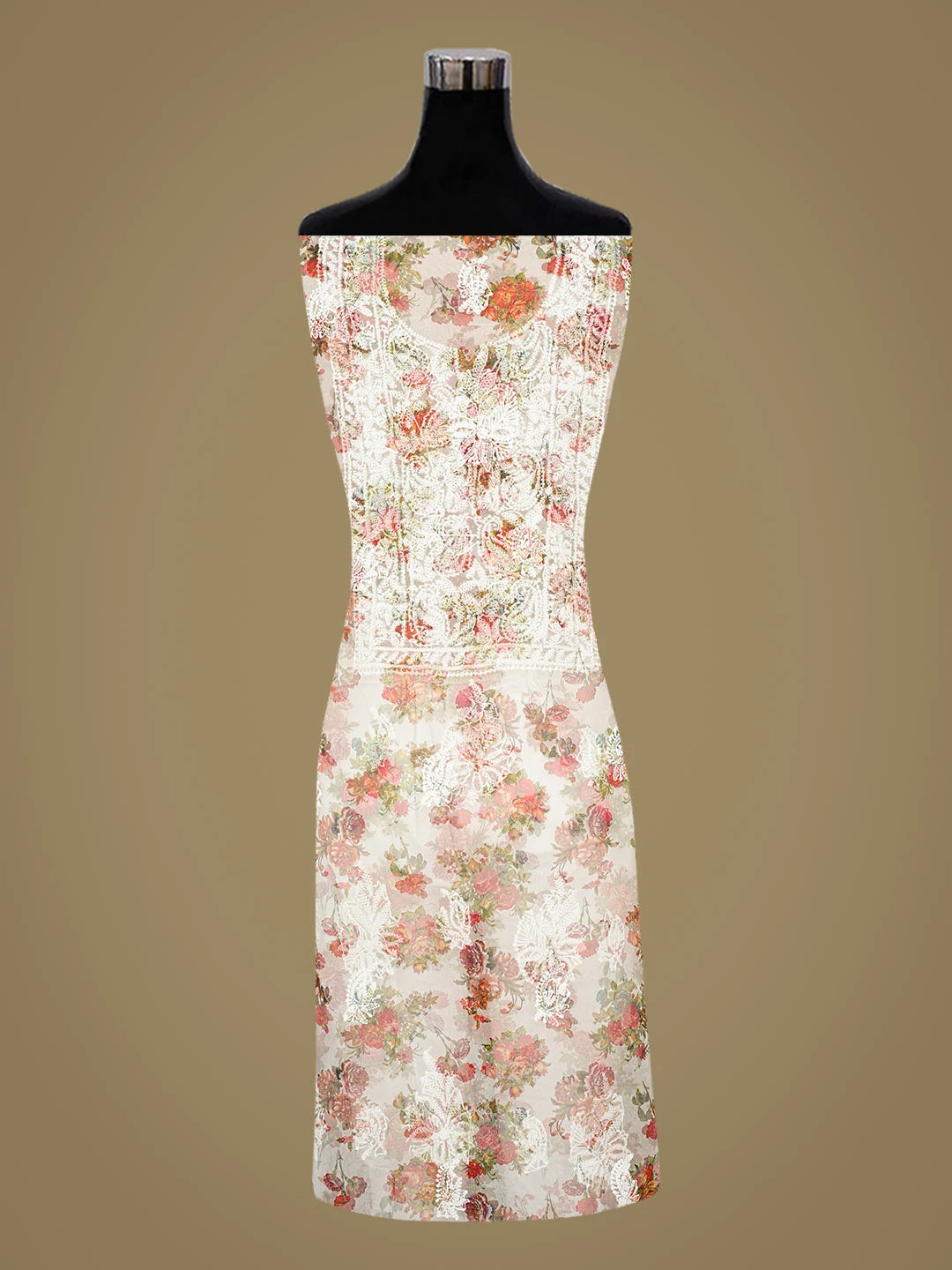 Ada Hand Embroidered Floral Printed White Organza Lucknowi Chikankari Unstitched Kurta Dupatta Set 01A687841
