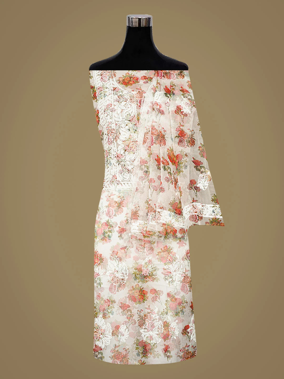 Ada Hand Embroidered Floral Printed White Organza Lucknowi Chikankari Unstitched Kurta Dupatta Set 01A687841