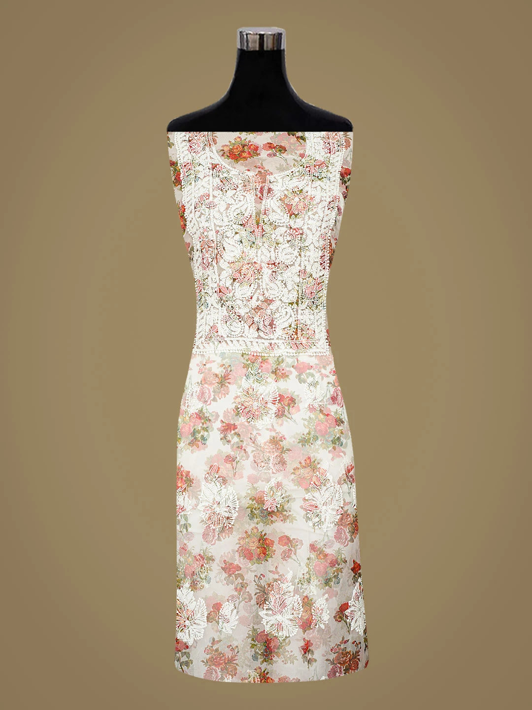 Ada Hand Embroidered Floral Printed White Organza Lucknowi Chikankari Unstitched Kurta Dupatta Set 01A687841