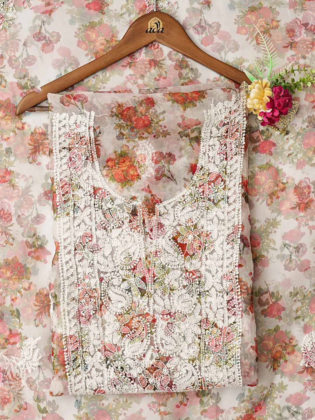 Ada Hand Embroidered Floral Printed White Organza Lucknowi Chikankari Unstitched Kurta Dupatta Set 01A687841