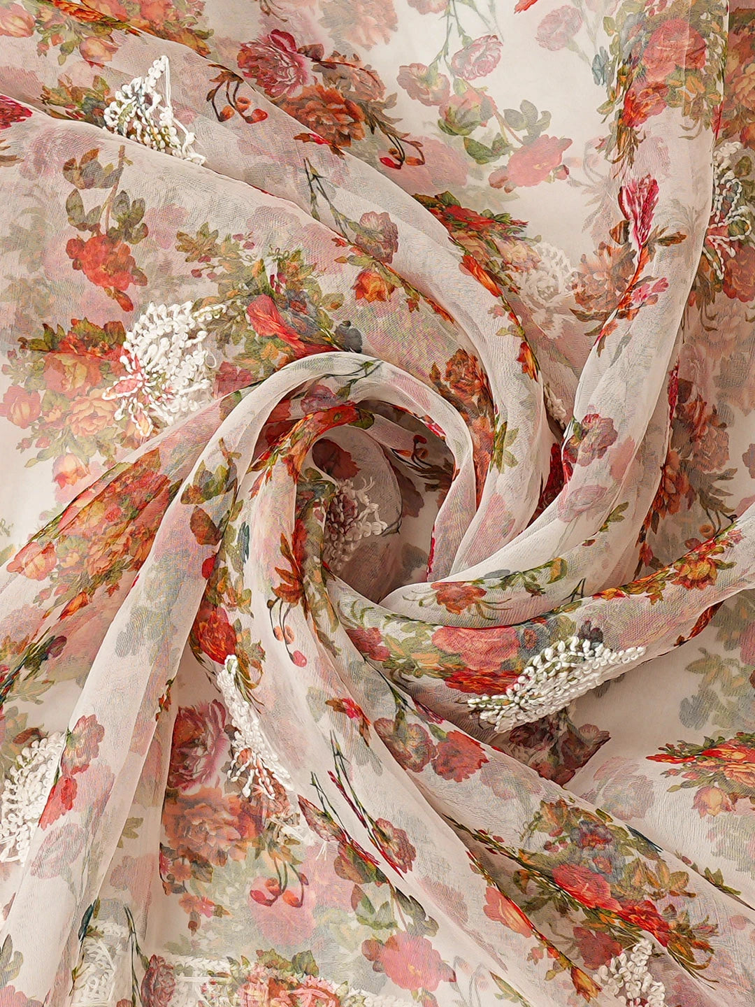 Ada Hand Embroidered Floral Printed White Organza Lucknowi Chikankari Unstitched Kurta Dupatta Set 01A687841