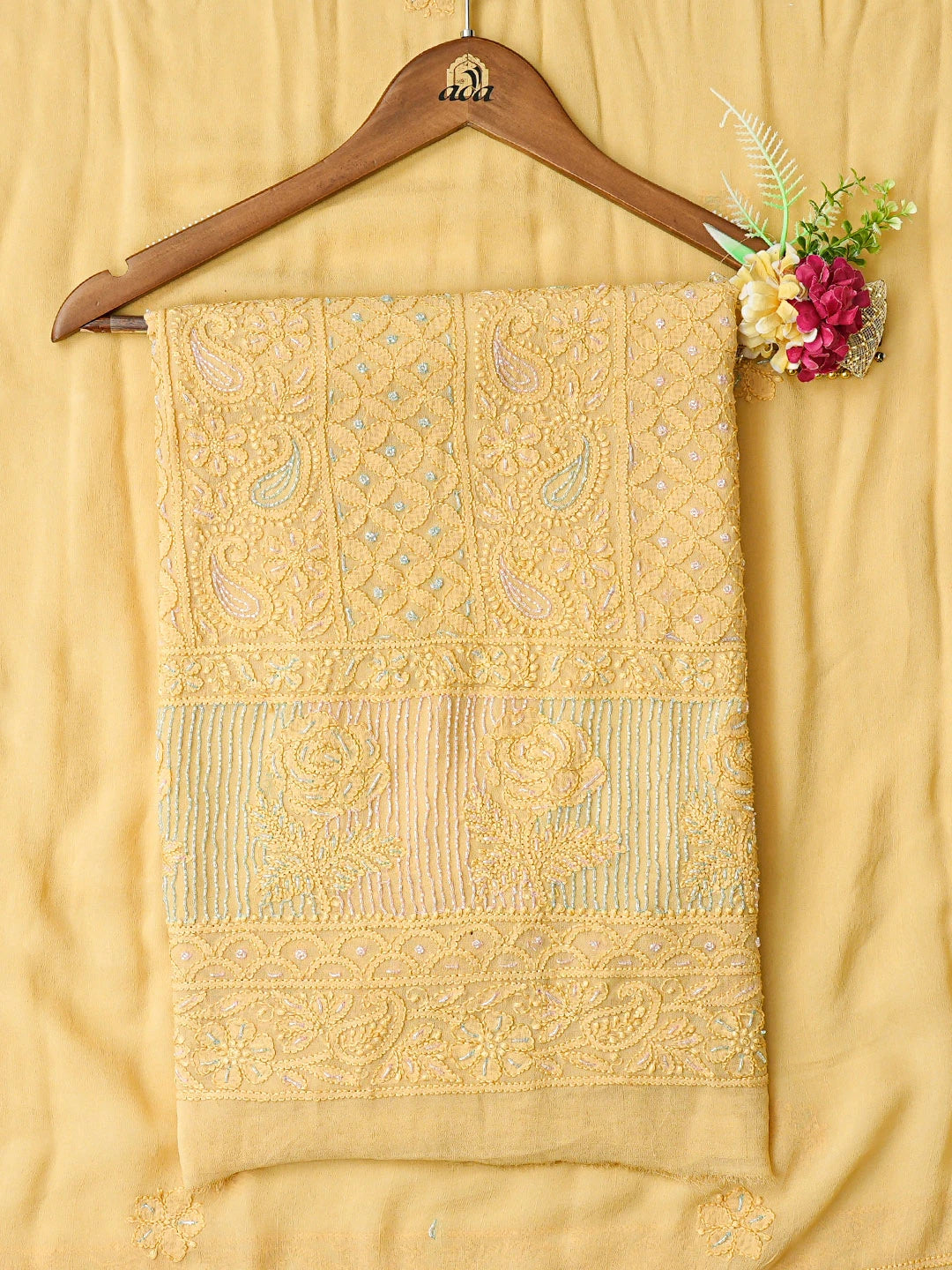 Ada Hand Embroidered Fawn Viscose Georgette Lucknowi Chikankari Unstitched Kurta Dupatta Set With Cutdana Work 01A764517