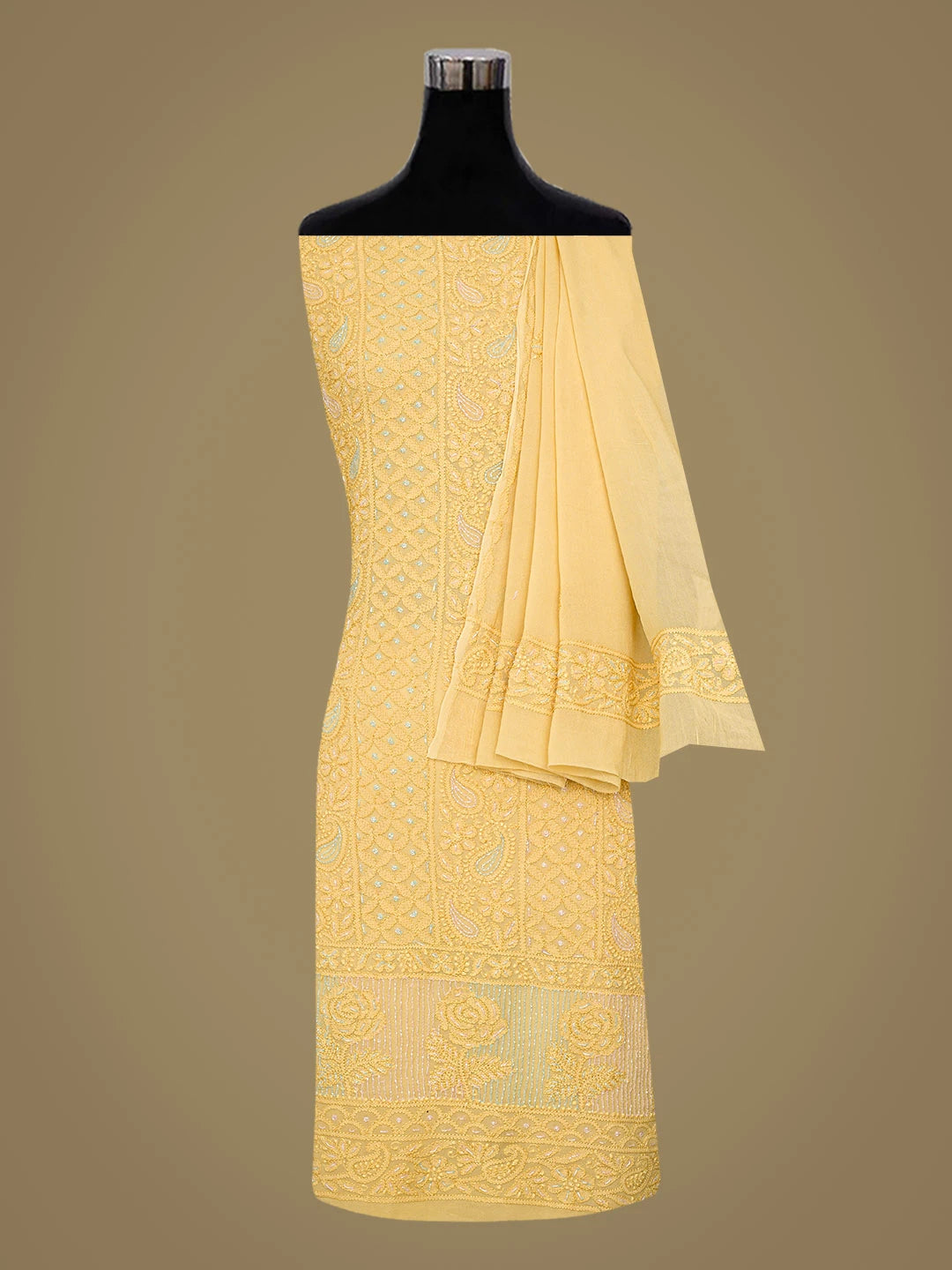 Ada Hand Embroidered Fawn Viscose Georgette Lucknowi Chikankari Unstitched Kurta Dupatta Set With Cutdana Work 01A764517