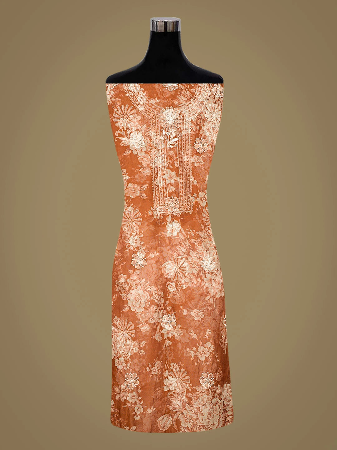 Ada Hand Embroidered Floral Printed Rust Organza Lucknowi Chikankari Unstitched Kurta Dupatta Set 01A736664