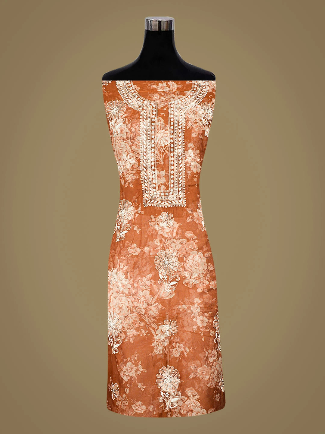 Ada Hand Embroidered Floral Printed Rust Organza Lucknowi Chikankari Unstitched Kurta Dupatta Set 01A736664