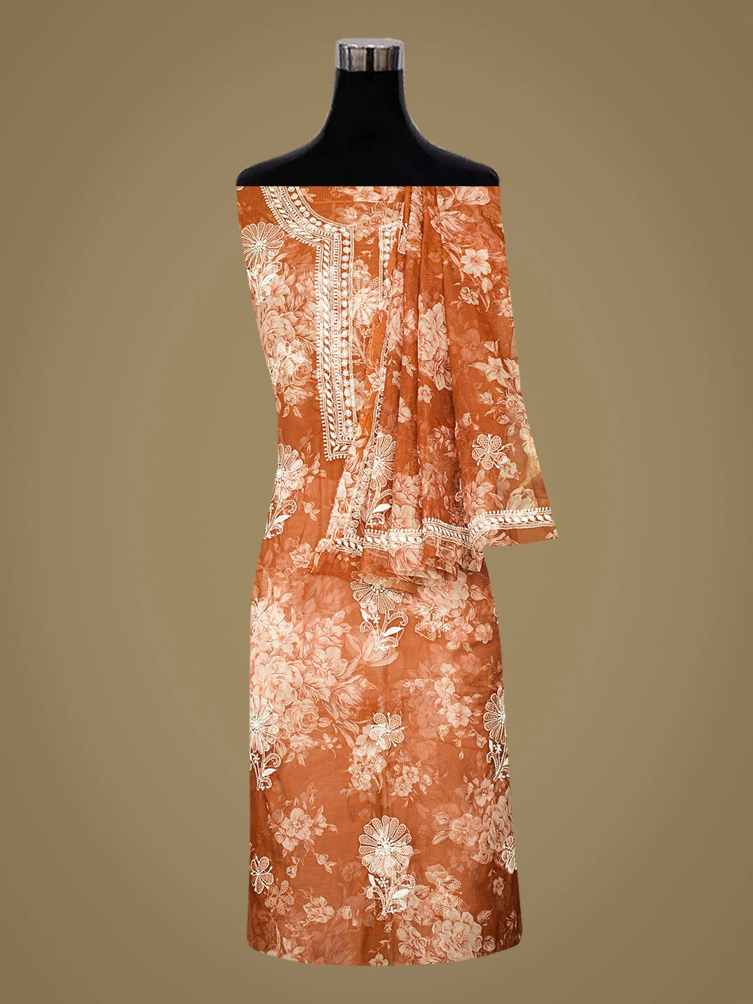 Ada Hand Embroidered Floral Printed Rust Organza Lucknowi Chikankari Unstitched Kurta Dupatta Set 01A736664