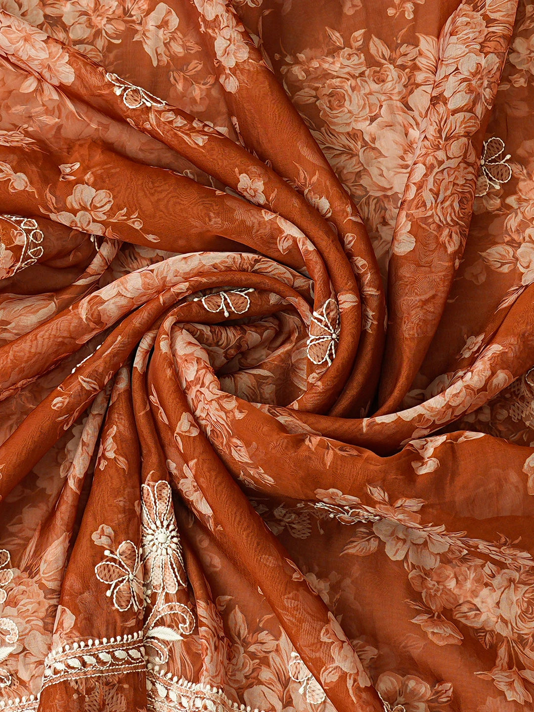 Ada Hand Embroidered Floral Printed Rust Organza Lucknowi Chikankari Unstitched Kurta Dupatta Set 01A736664