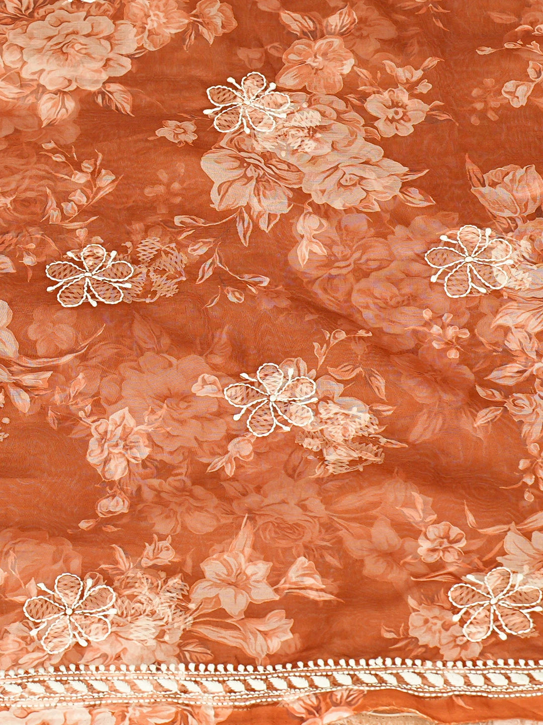 Ada Hand Embroidered Floral Printed Rust Organza Lucknowi Chikankari Unstitched Kurta Dupatta Set 01A736664