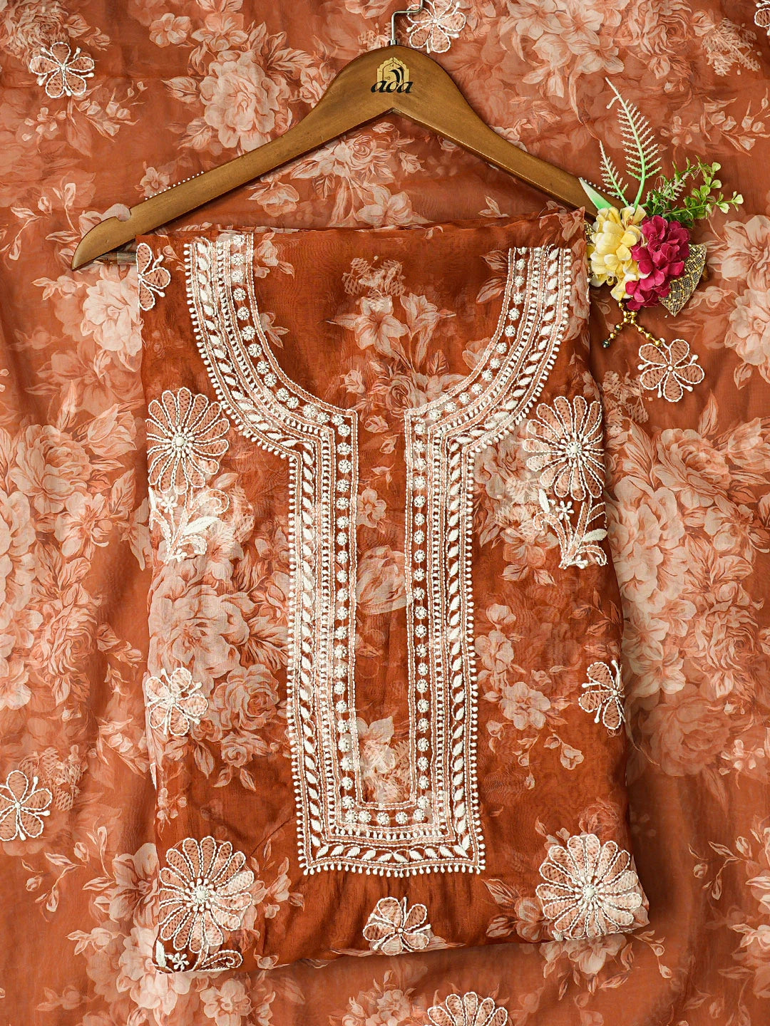 Ada Hand Embroidered Floral Printed Rust Organza Lucknowi Chikankari Unstitched Kurta Dupatta Set 01A736664