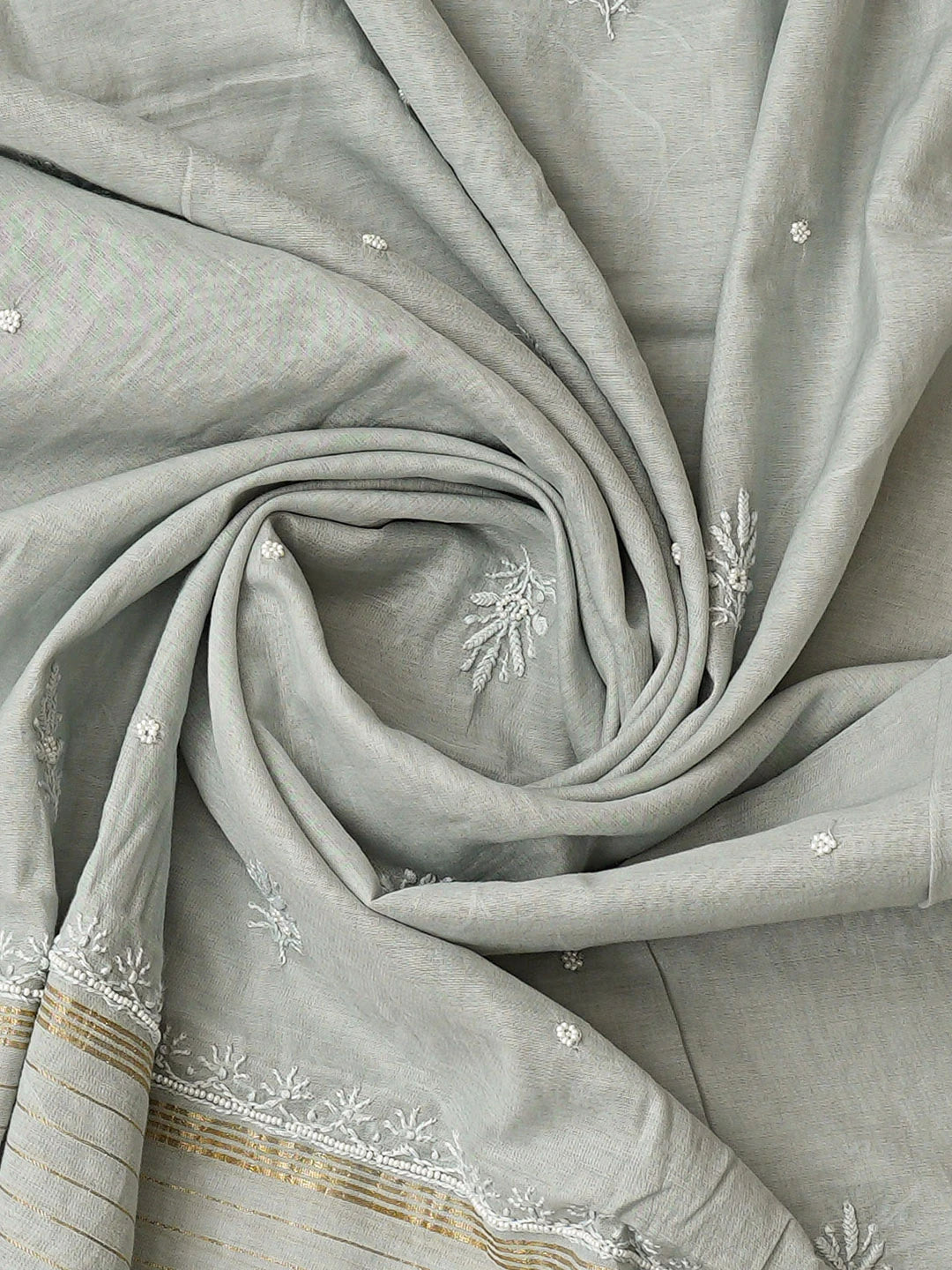 Ada Hand Embroidered Grey Chanderi Lucknowi Chikankari Semi-Stitched Kurta Dupatta Set With Pearl Work 01A777485