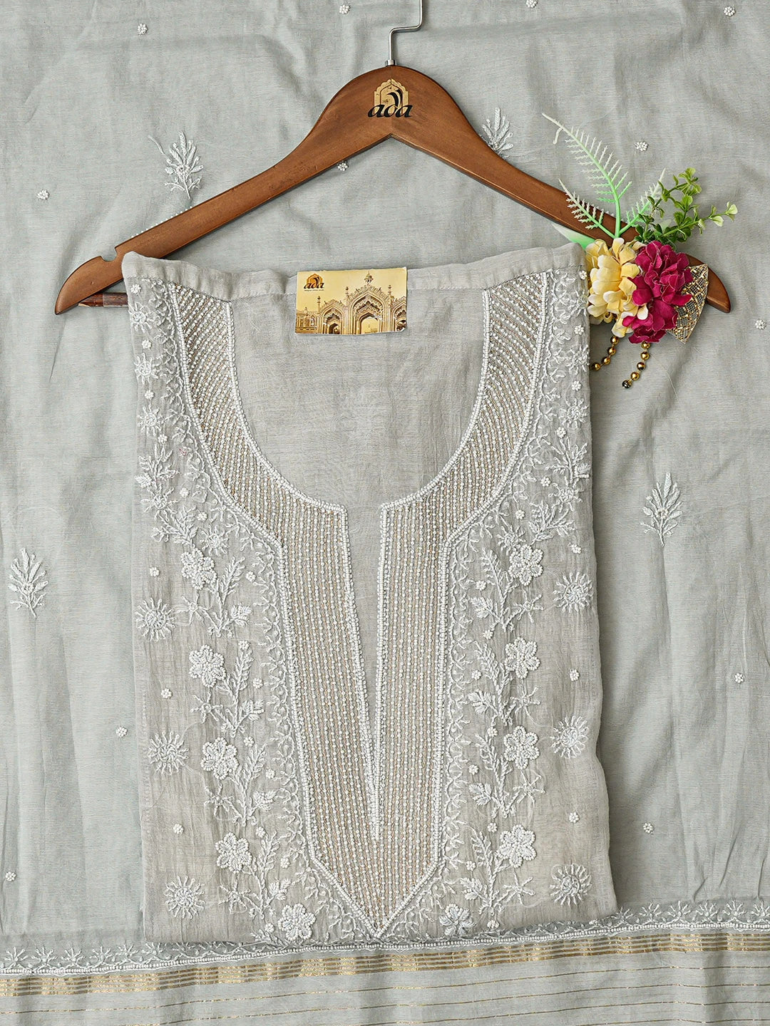 Ada Hand Embroidered Grey Chanderi Lucknowi Chikankari Semi-Stitched Kurta Dupatta Set With Pearl Work 01A777485