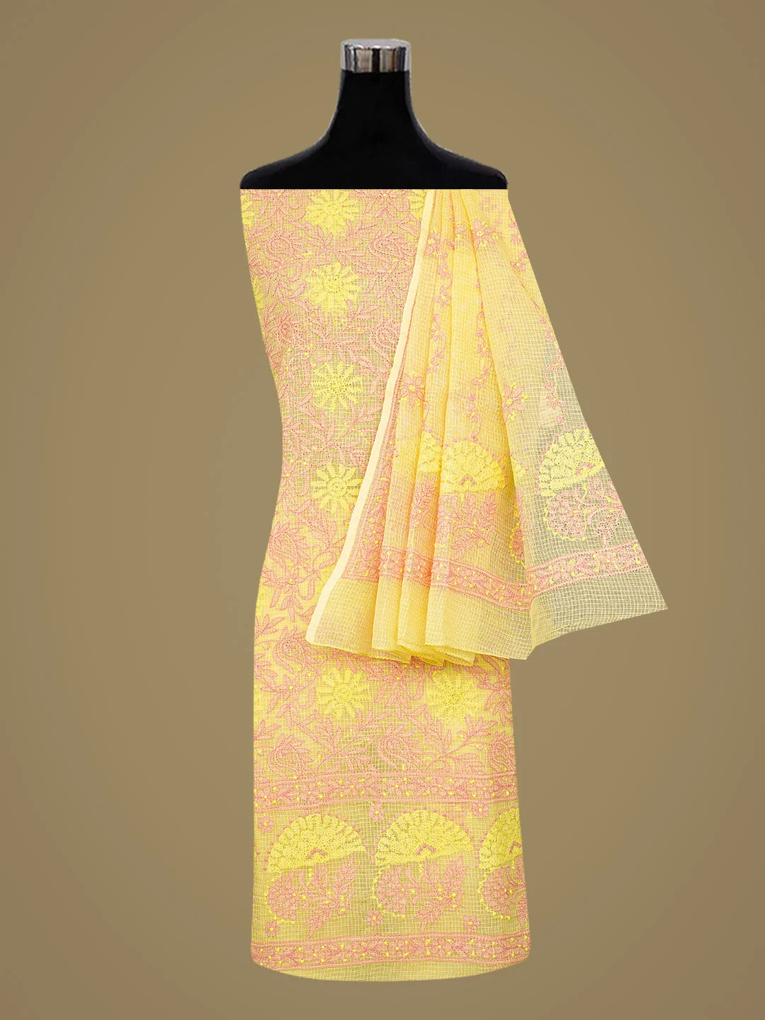 Ada Hand Embroidered Yellow Kota Lucknowi Chikankari Unstitched Kurta Dupatta Set 01A831700