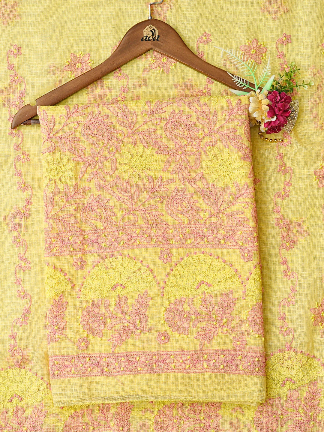 Ada Hand Embroidered Yellow Kota Lucknowi Chikankari Unstitched Kurta Dupatta Set 01A831700