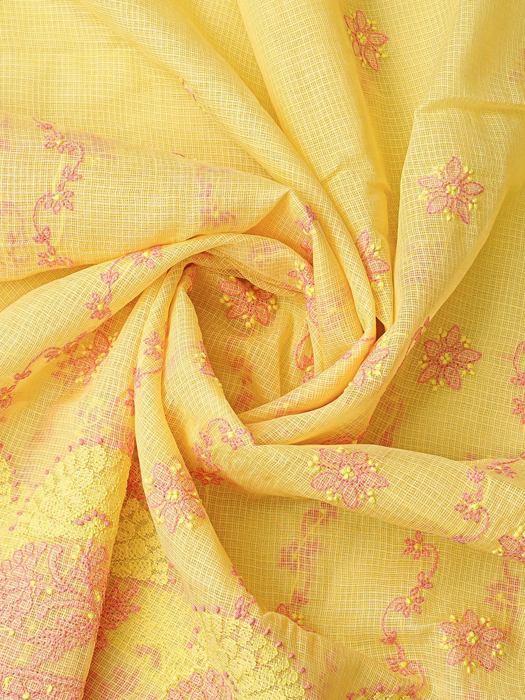 Ada Hand Embroidered Yellow Kota Lucknowi Chikankari Unstitched Kurta Dupatta Set 01A831700